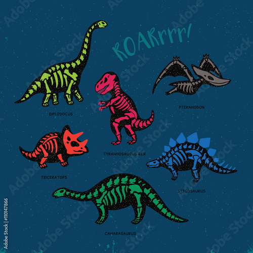 Adorable card with funny dinosaur skeletons in cartoon style