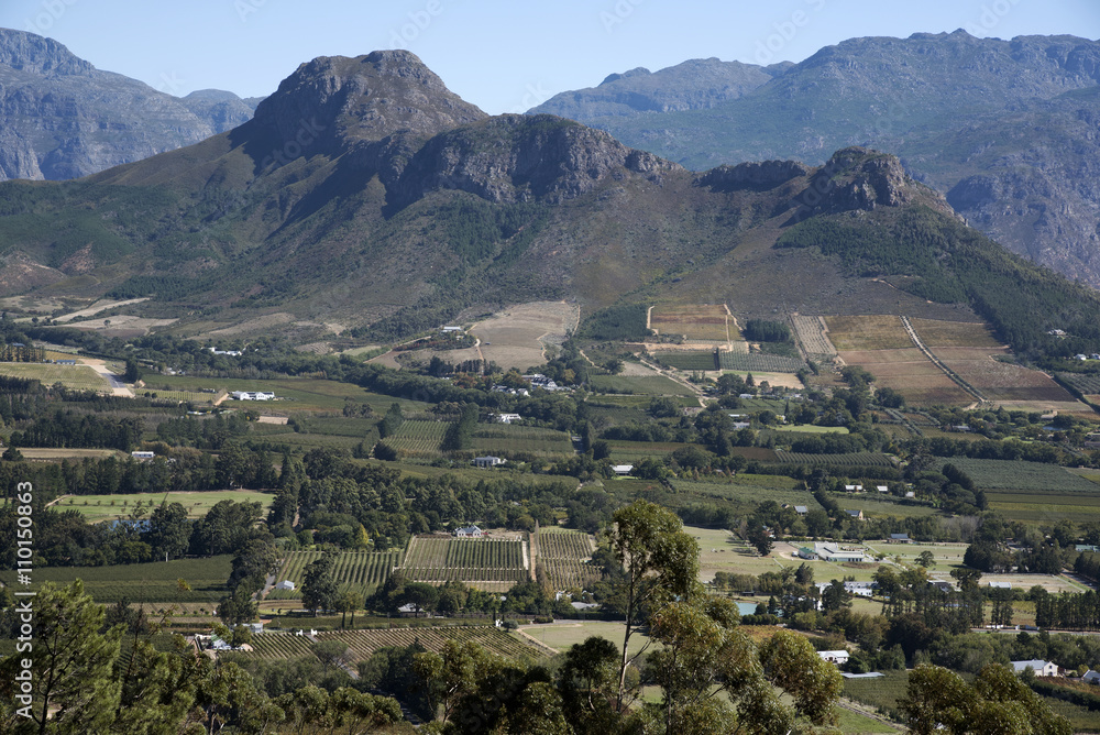 FRANSCHHOEK WESTERN CAPE SOUTH AFRICA - APRIL 2016 -  A scenic landscape overview of the Vineyards and wine farms of the Franschhoek Valley