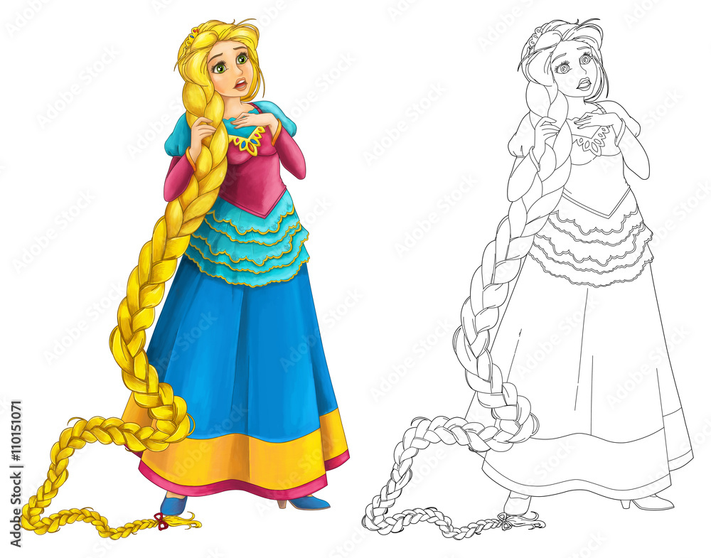 Cartoon beautiful girl smiling - isolated - with coloring page - illustration for children
