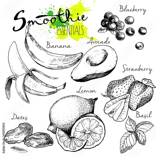 Vector set of fruits and vegetables for detoz smoothie. Vegetarian helthy treating hand drawn  illustration. Use for bar, coctail, flyer, banner, store
