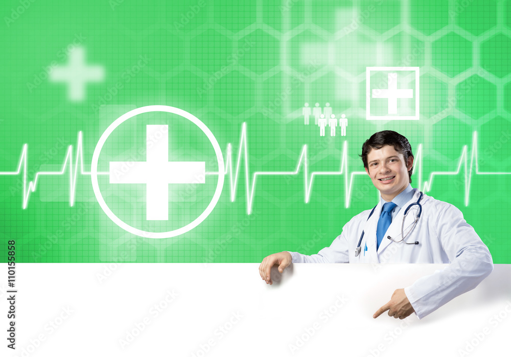 Doctor with banner Doctor with banner