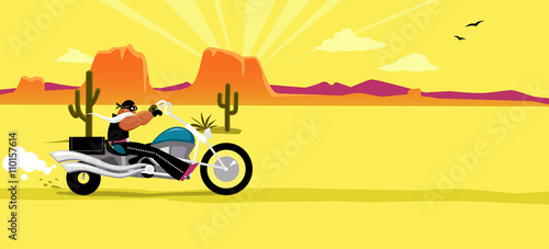 Cartoon biker riding a motorcycle, South Western USA landscape on the background, EPS 8 vector illustration, no transparencies