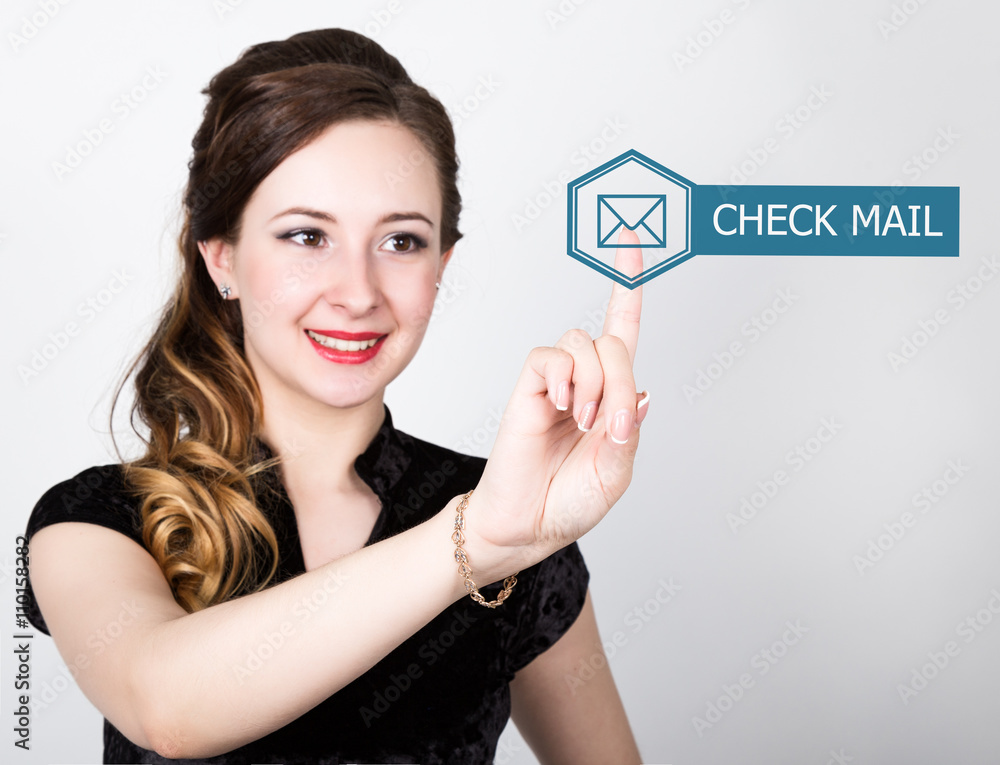 technology, internet and networking concept. beautiful woman in a black business shirt. woman presses check mail button on virtual screens