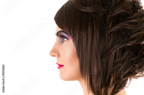 profile face woman with stylish hairstyle and makeup
