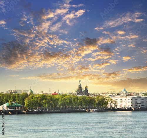 Neva river scape and the Church of the Savior on Spilled Blood  Cathedral of the Resurrection of Christ  in St. Petersburg  Russia. Travel background