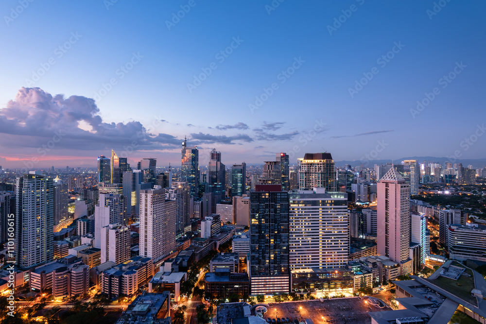 Eleveted, night view of Makati, the business district of Metro Manila.