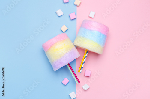 Multicolored Cotton candy. Pastel marshmallows. Minimal style. Pastel background