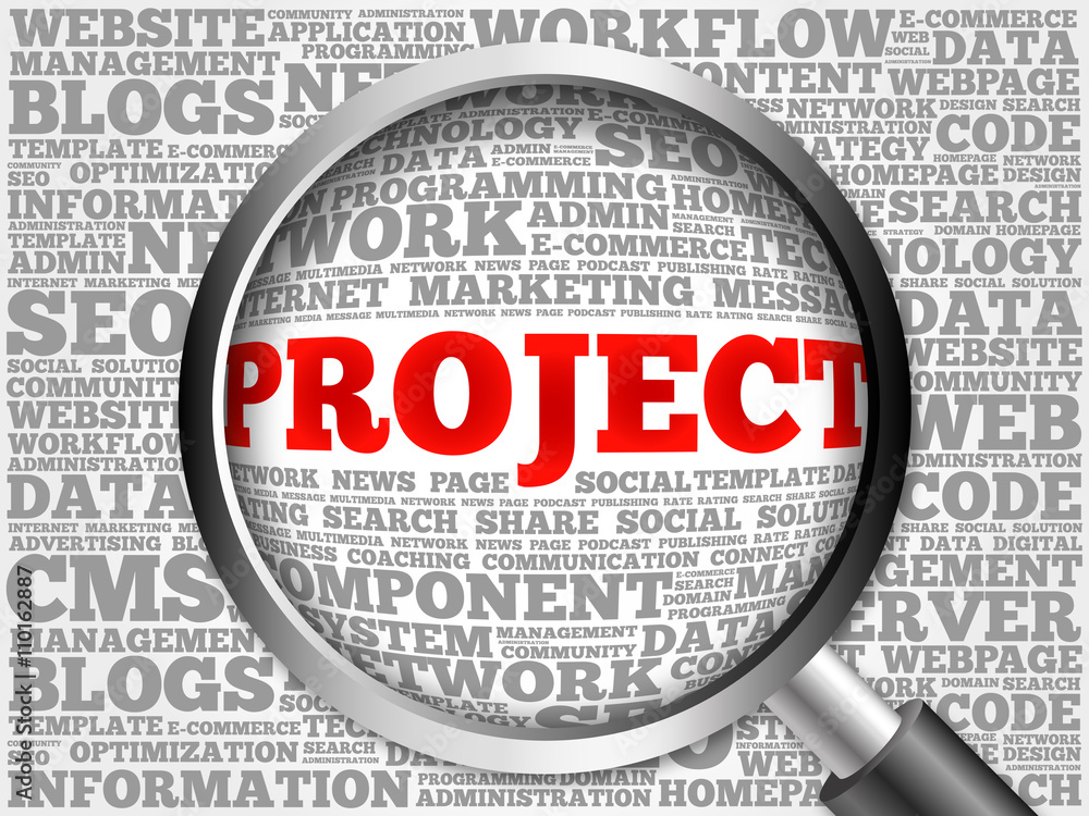 PROJECT word cloud with magnifying glass, business concept PROJECT word cloud with magnifying glass, business concept