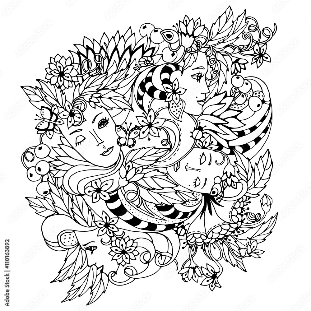 Floral decorative element with surreal female faces, leaves, berries, branches and flowers. Vector illustration for coloring pages or other.