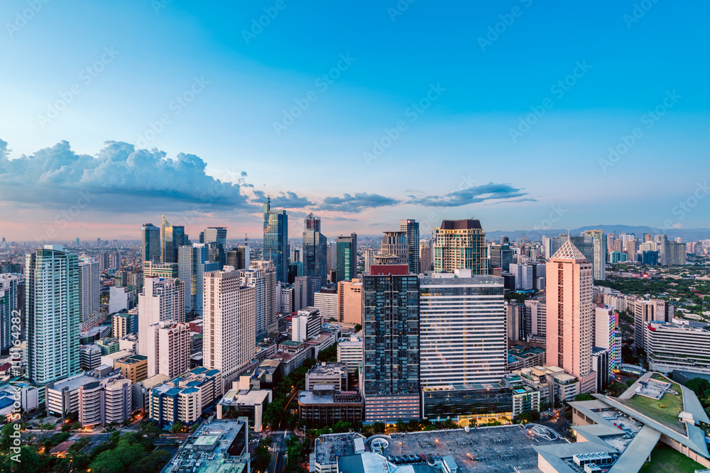 Eleveted, night view of Makati, the business district of Metro Manila.