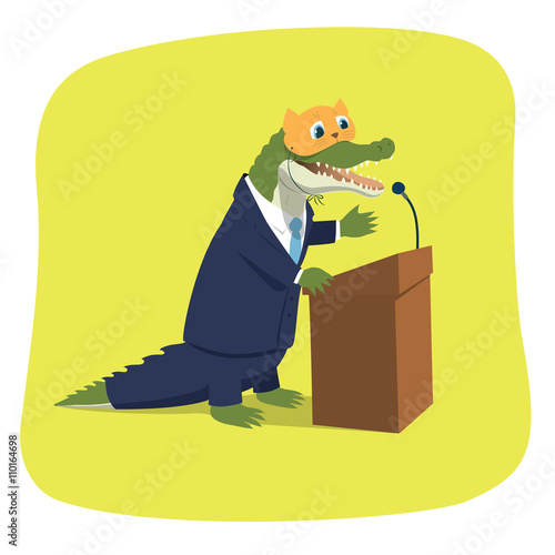 Vector illustration of a crocodile pretending a cute kitten while giving a speech at a tribune. Political caricature. The mask is on a separate layer and can be easily removed in eps file.