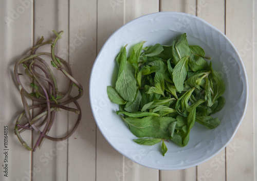 mint leaves on a plate on white wooden table