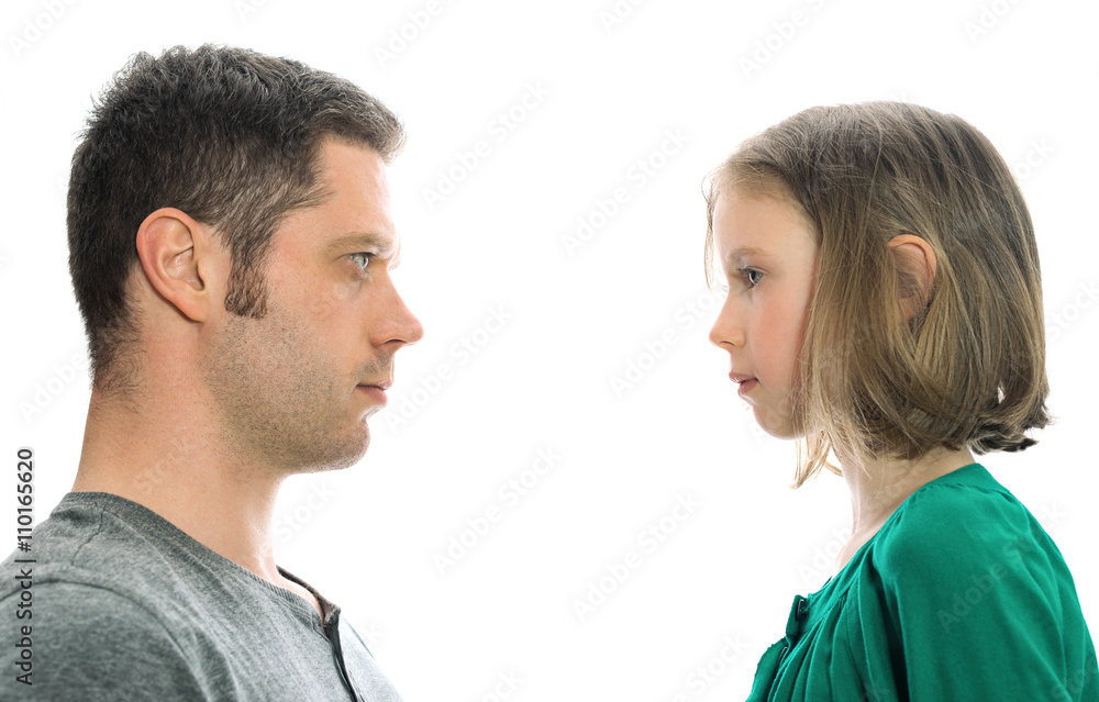 Father and daughter in front of each other. Isolated on white. Father and daughter in front of each other. Isolated on white.