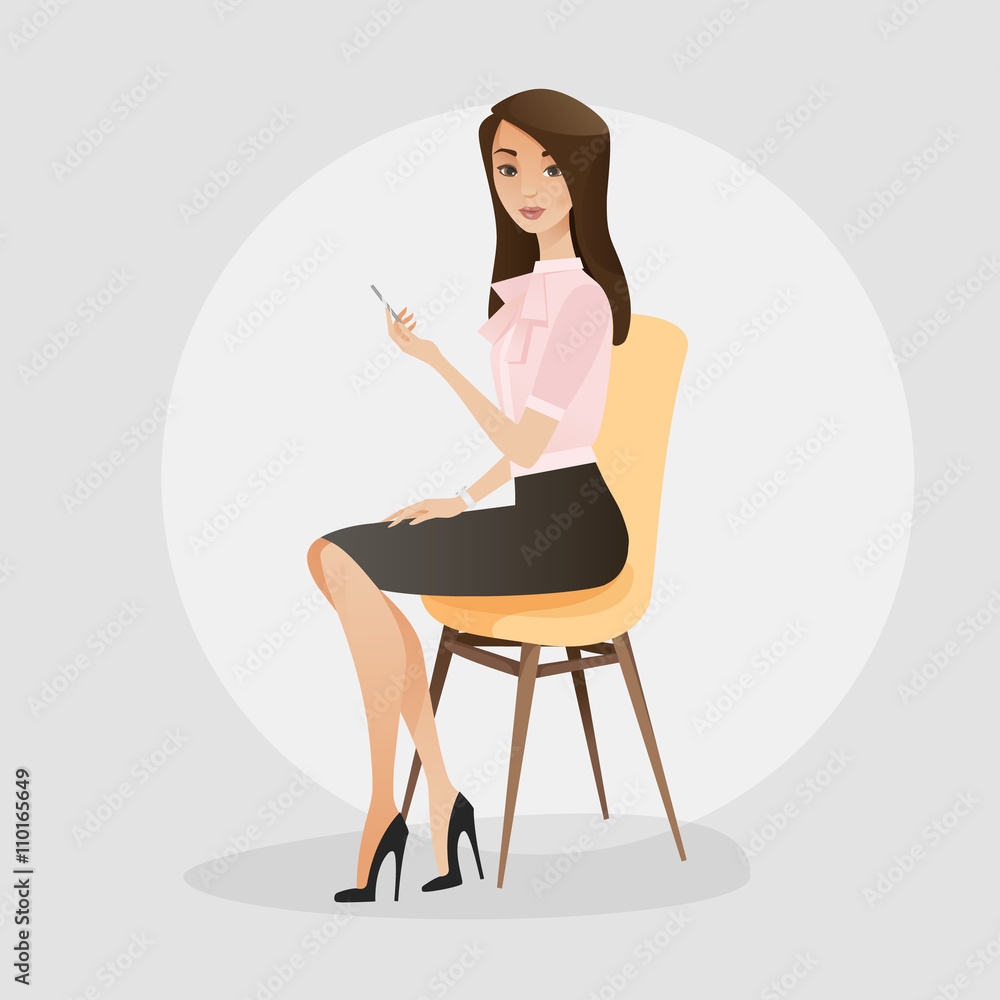 Young women in elegant office clothes sits and holds telephone. Vector illustration. Young women in elegant office clothes sits and holds telephone. Vector illustration.
