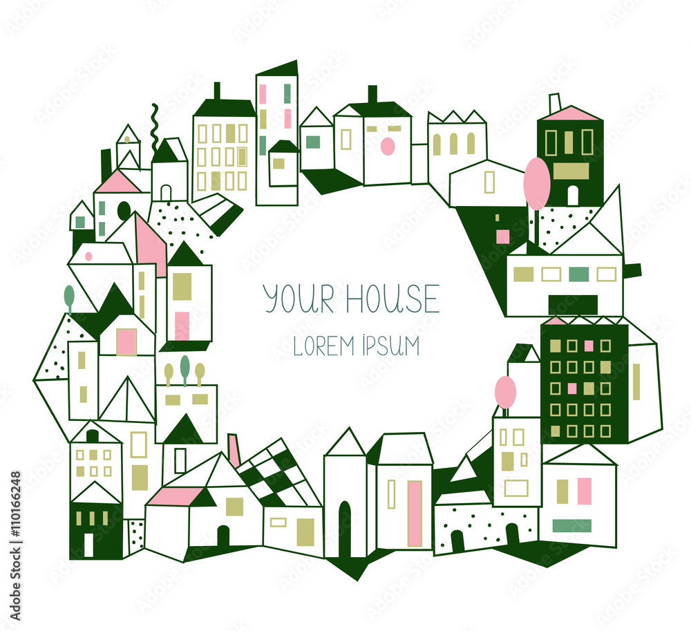 Real estate background with houses - graphic illustration, hand