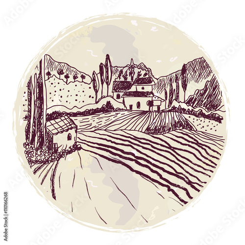 Traditional tuskany landscape sketch for the label or background