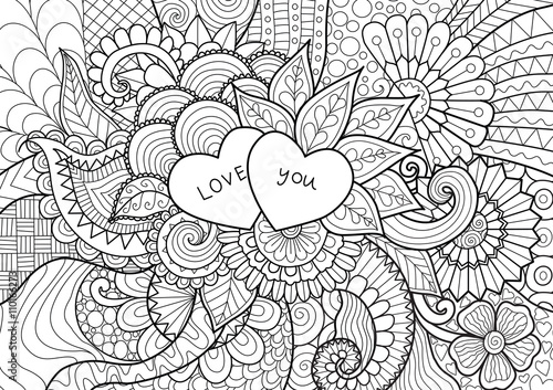 Two Hearts on flowers for coloring books for adult or valentines card