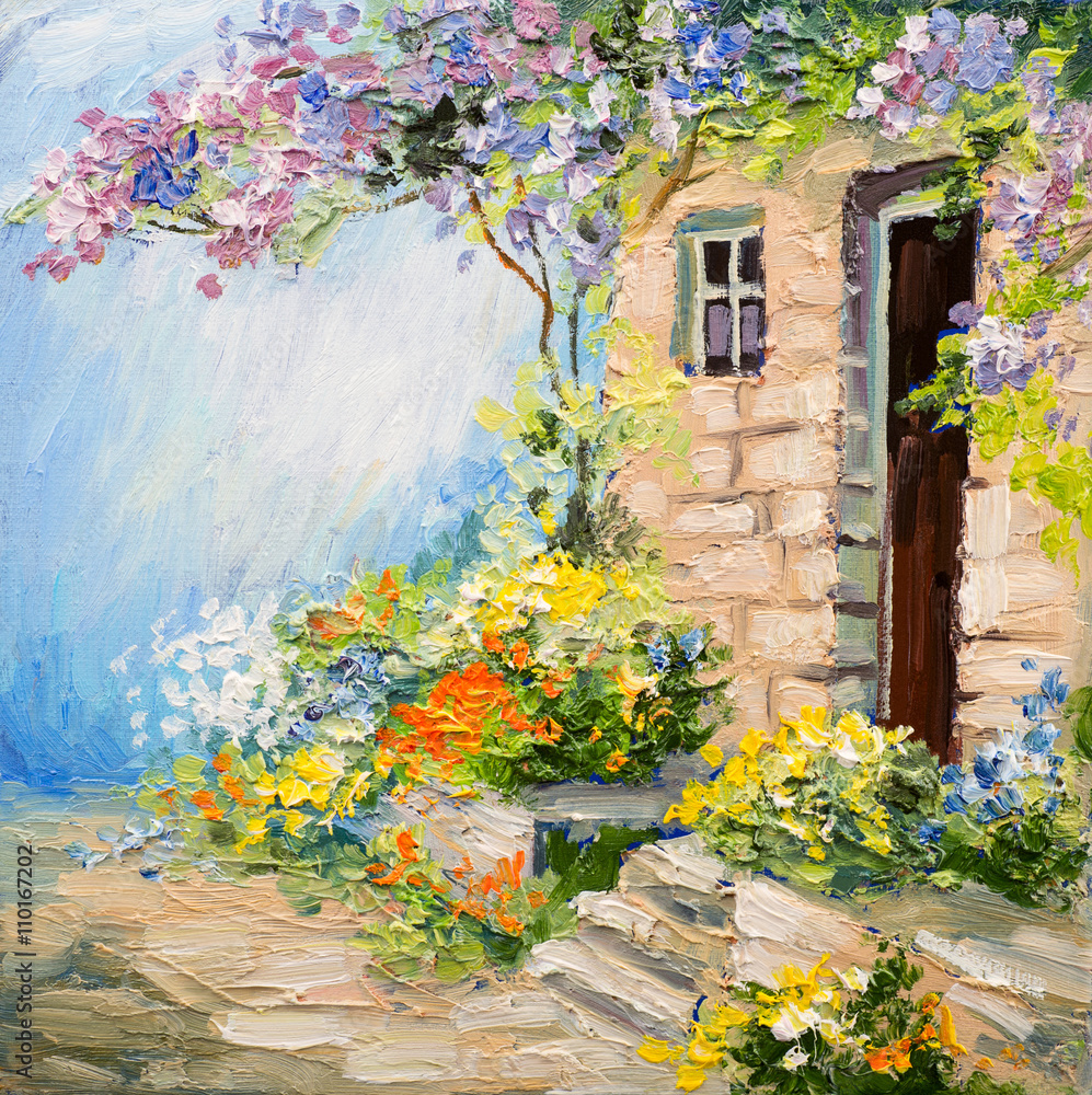 Fototapeta premium oil painting landscape - garden near the house, colorful flowers, summer forest