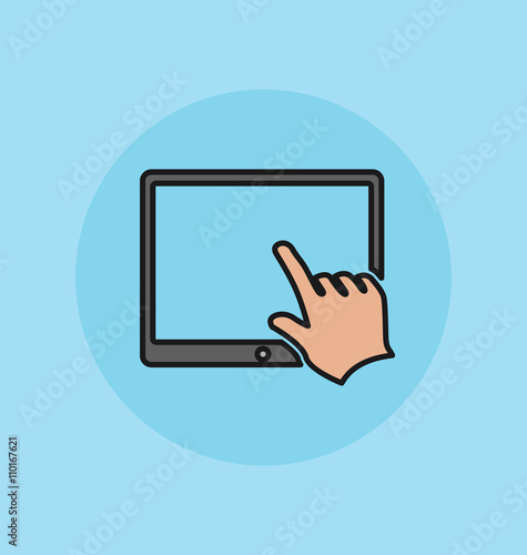 Finger touching tablet screen.