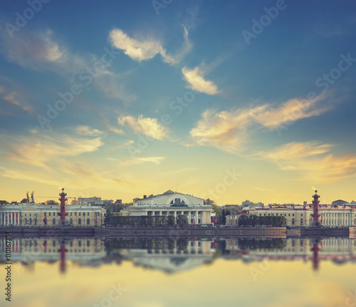 Classic view of Saint-Petersburg river scape at sunset. Basil Island in St Petersburg, Russia. Vintage style background.