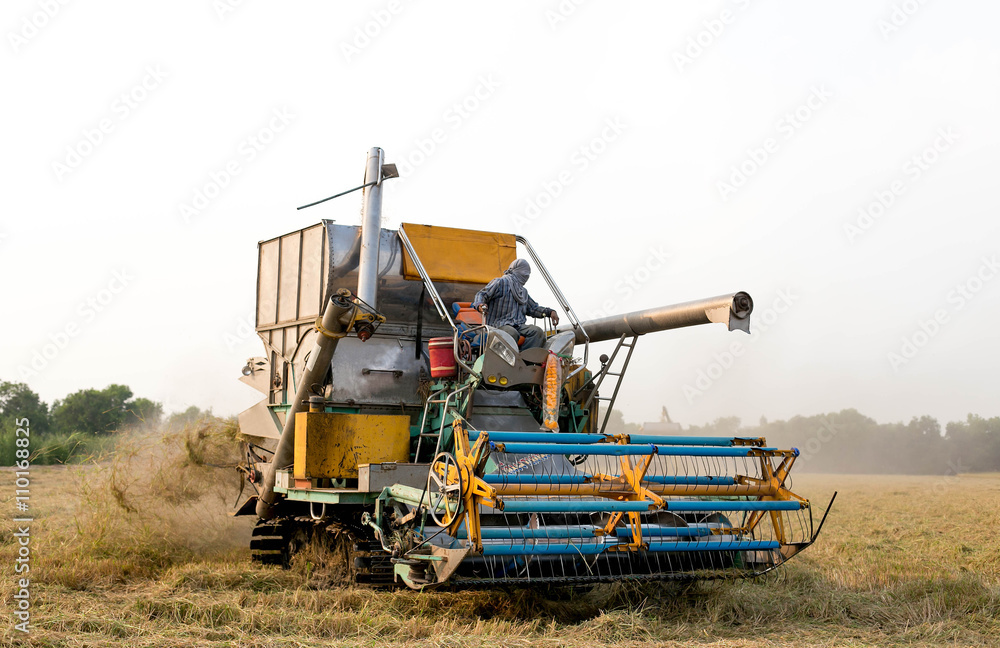harvesting machinery working in rice field