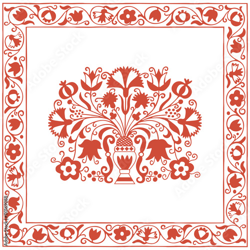 Antique Hungarian embroidery pattern with carnations and pomegranate