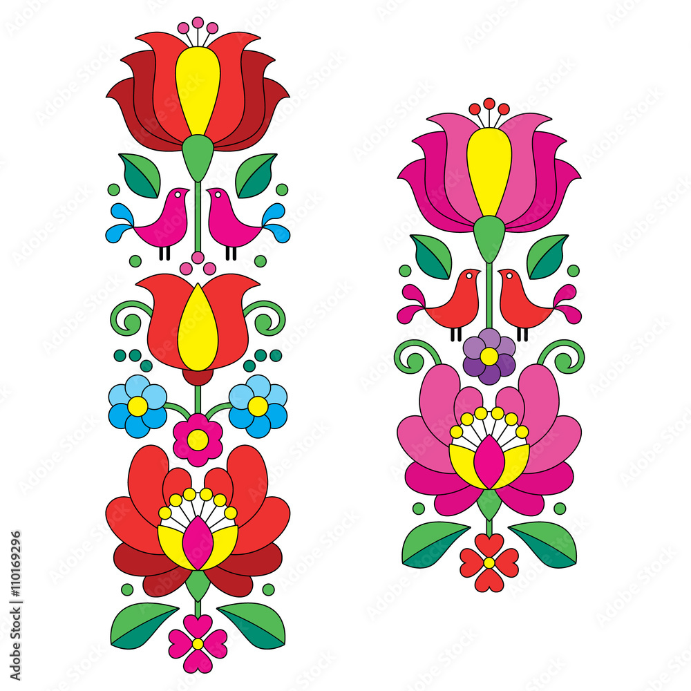 Kalocsai embroidery - Hungarian floral folk art long patterns Stock Vector  | Adobe Stock
