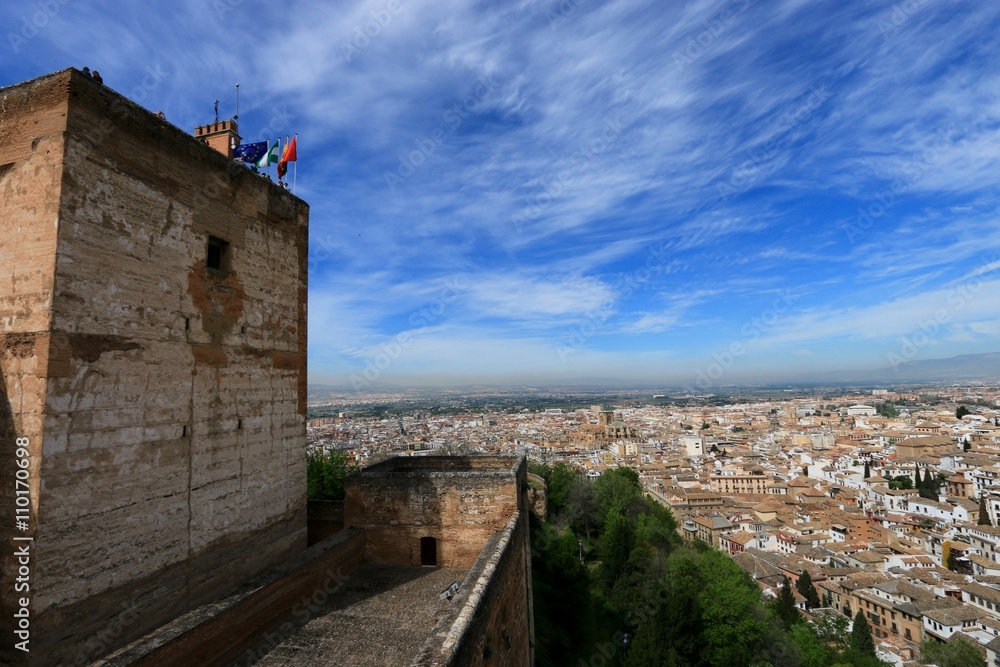 the city of Grenada seen of the tower d Acazaba ( Alhambra , spain )