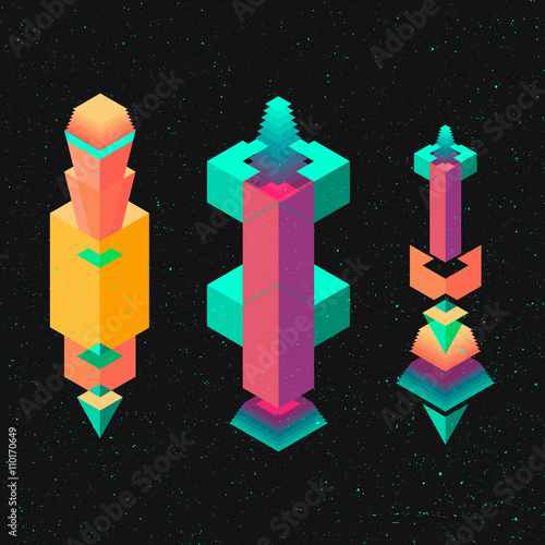 Vector set of isometric flat cubes constructor, abstract shapes and icons made of blue cubes