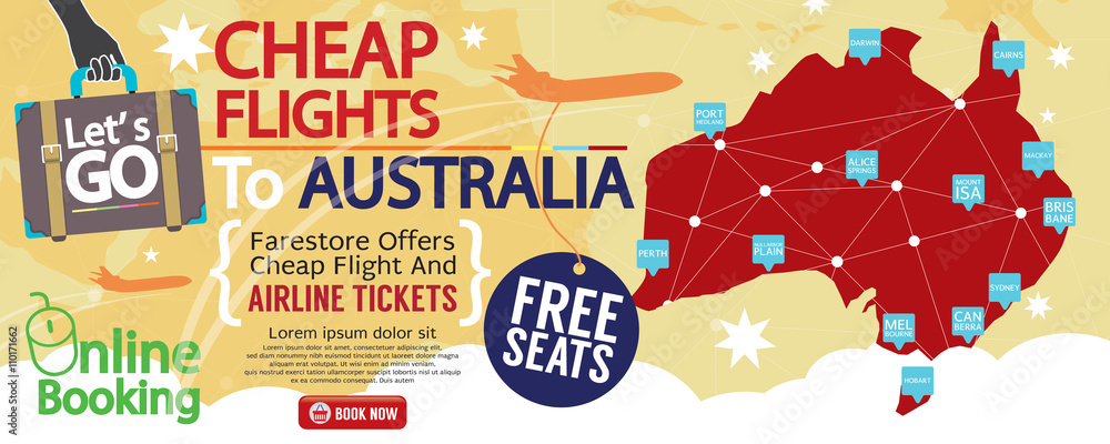 Cheap Flight To Australia 1500x600 Banner Vector Illustration.