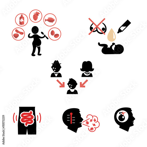 Causes of allergies as flat icons / Solid fill icons
