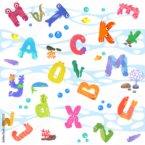 Seamless pattern from letters like sea inhabitants / There are letters of alphabet with eyes, mouths, and fins
