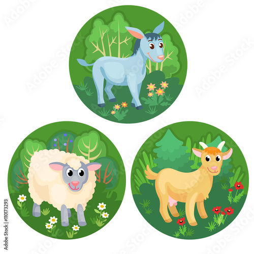 Three round banners with farm animals   There are donkey  sheep and goat with grass and trees on the green background  