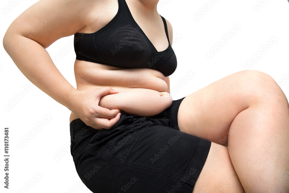 fat woman squeeze belly obese wearing black underwear bra Stock