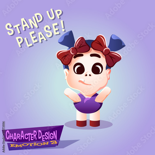 Little Kid with pigtails, bows and tooth waving her arms. Calm cute and funny Tot with hands raised isolated vector illustration.