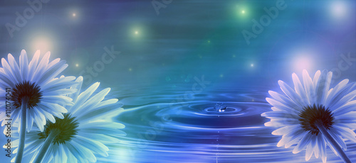 blue background with flowers and water waves