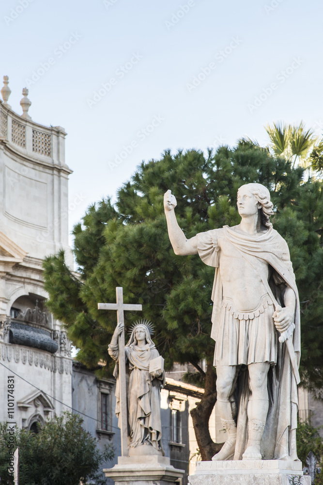 Statues of saints near  the Cathedral of Santa Agatha, Duomo Square in Catania, Sicily, Italy. Unesco world heritage site