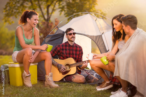 Group of hipster young people on camping trip