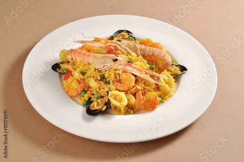Dish of fish paella