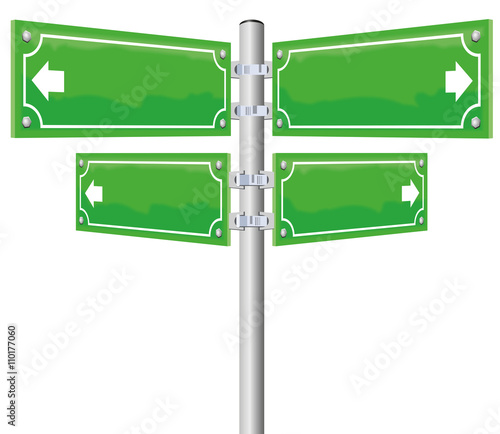 Street name signs - four blank, glossy green, metal panels showing in four different directions. Illustration on white background.