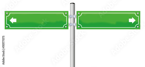 Street name signs - green, blank, with two arrows showing in opposite directions. Isolated vector illustration on white background.