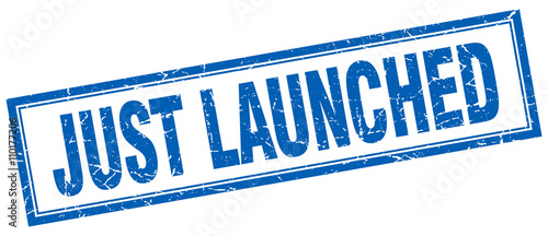 just launched blue grunge square stamp on white