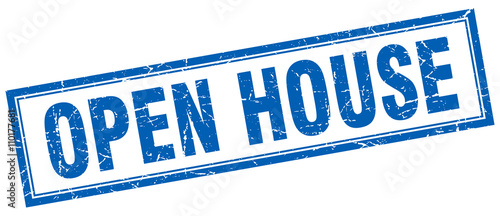 open house blue grunge square stamp on white