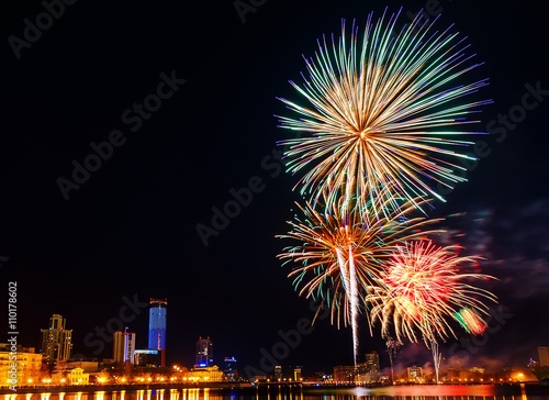 fireworks over the night city and city pond Yekaterinburg city center. Celebrating the victory of May 9, 2016 © vladimircaribb