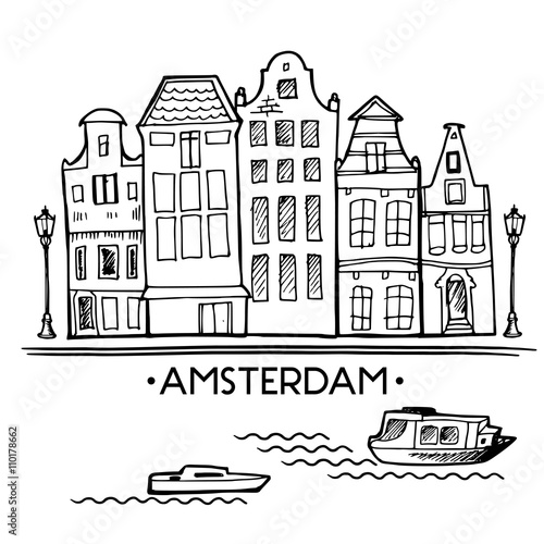 Background with hand drawn doodle Amsterdam houses. Isolated black and white. Illustration vector. 