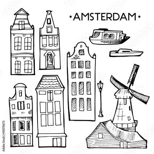 Background with hand drawn doodle Amsterdam houses. Isolated black and white. Illustration vector. 