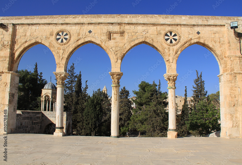 Arched colonnade along the square on the Temple Mount in Jerusalem, Israel.