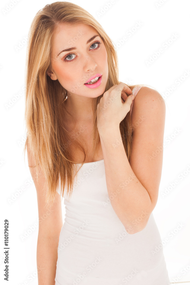 Portrait of beautiful woman on white background Portrait of beautiful woman on white background