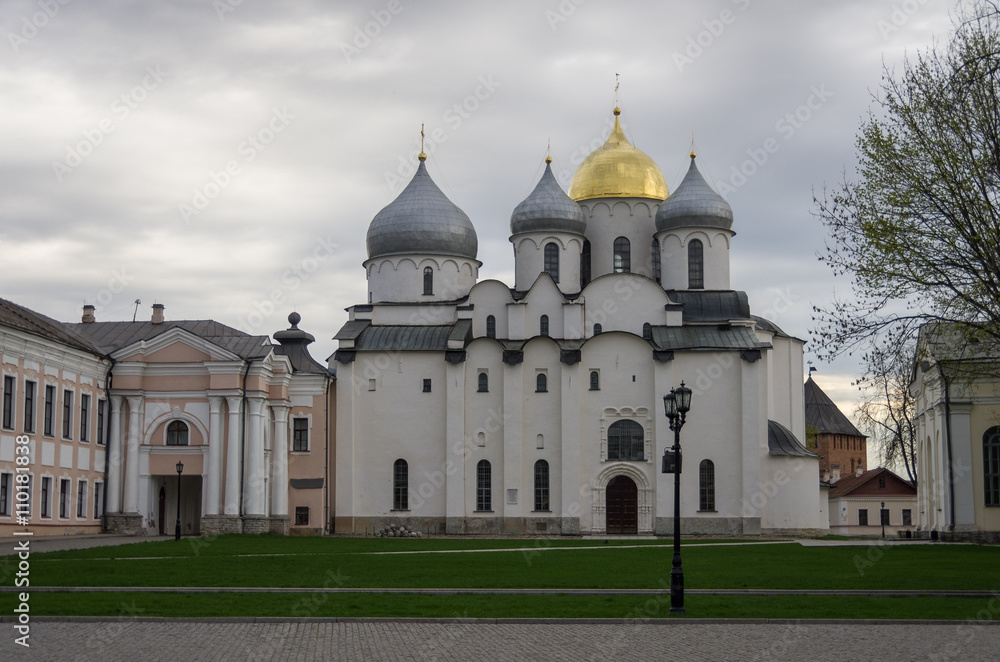 St.Sophia Cathedral in Novgorod Kremlin at spring sunny day. Veliky Novgorod, Russia. No people