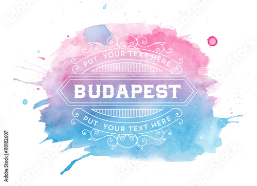 Watercolor background with vintage logo, Hotel. Design with Flourishes Elegant Design Elements. Vector Illustration